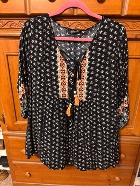 BloomChic Navy Floral Boho Tie-Front Women's Top with Orange Accents